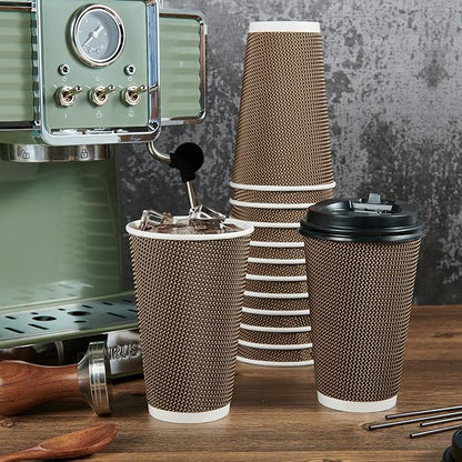 LITOPAK 80 Pack 16 oz Paper Coffee Cups, Insulated Ripple Wall Paper Cups with Lid and Straws, Three Layer Insulated Hot Beverage Cups for Hot Drinks, Coffee Cups for Parties, Picnic, and Travel