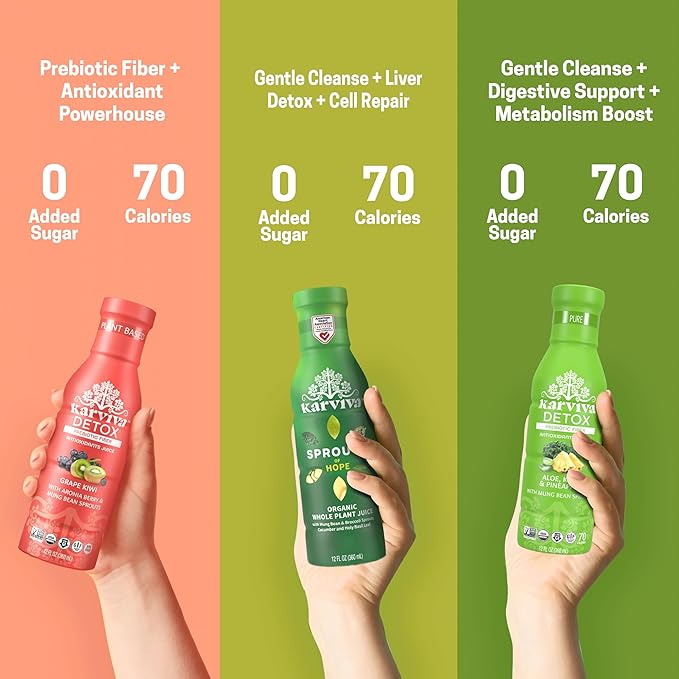 Karviva Organic Juice Cleanse for Sugar Detox & Weight Control - Ancient Eastern Remedies for Healthy Digestion & Gentle Detox with Sprouts, Aloe Vera - Prebiotic Fiber, Electrolytes & Antioxidants (6 BPA-Free Bottles, 12 fl oz Each)