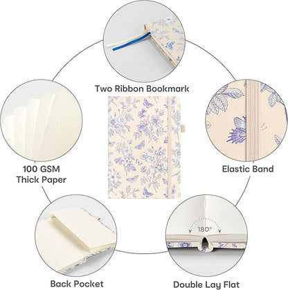 A5 Hardcover Bullet Dotted Journal, 160 Pages 100 gsm Thick Paper, 3 Sheets of Stickers Included - 5.7'' x 8'' (Blue Flowers)