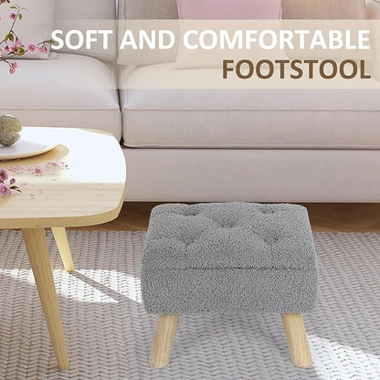 Storage Ottoman, Small Storage Ottoman Foot Stool with Wood Legs, Teddy Velvet Rectangular Foot Rest for Chair, Soft Sponge White Footstool for Living Room, Couch, Bedroom, Dorm (Grizzly)