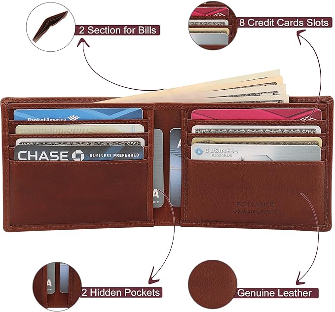 Genuine Leather Mens Bifold Wallet | RFID Blocking, 8 Credit Card Slots, 2 Sections for Bills & 2 Additional Slots | Dark walnut brown