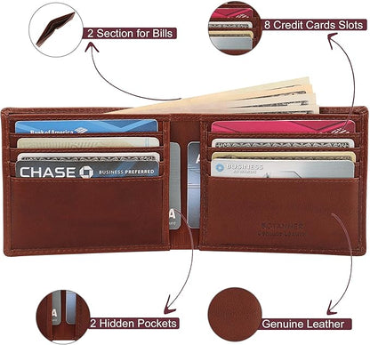 Genuine Leather Mens Bifold Wallet | RFID Blocking, 8 Credit Card Slots, 2 Sections for Bills & 2 Additional Slots | Dark walnut brown