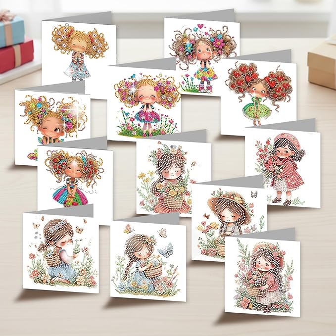 jinglinhh 12pcs Diamond Art Painting Little Girl Flower Bushes Greeting Cards with Envelopes, DIY Card Making Kits for Adults, Diamond Art Christmas Cards for Birthday Holiday Postcards Craft Gifts