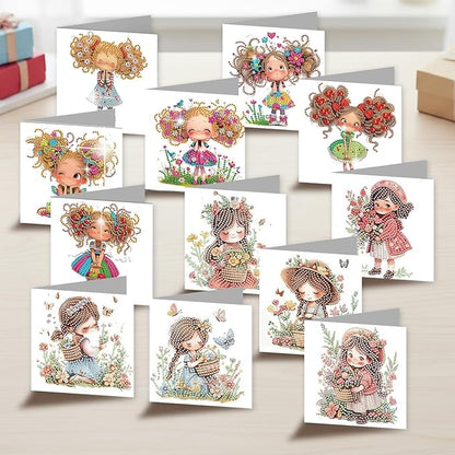 jinglinhh 12pcs Diamond Art Painting Little Girl Flower Bushes Greeting Cards with Envelopes, DIY Card Making Kits for Adults, Diamond Art Christmas Cards for Birthday Holiday Postcards Craft Gifts