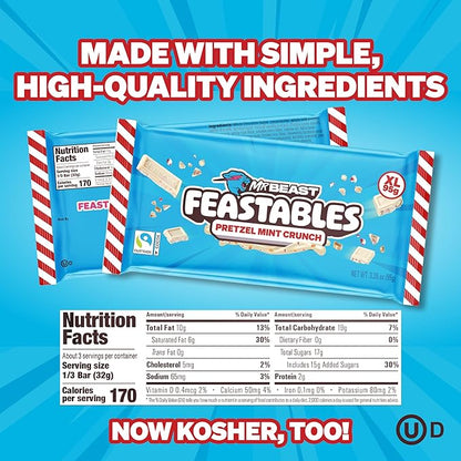Feastables MrBeast Pretzel Mint Fudge Crunch Bar, Extra Large Size Candy Bar for Adults & Kids, Candy Bars for Snacks, Gifts, or Dessert, Made With Fairtrade Cocoa, 3.35 Oz Each, 12 Count