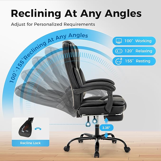MAISON ARTS Ergonomic Office Chair, Big and Tall Executive Chair with Foot Rest, Computer Desk Chair with Padded Armrests, Rolling Swivel Faux Leather Chair for Home Office Man Woman, Black