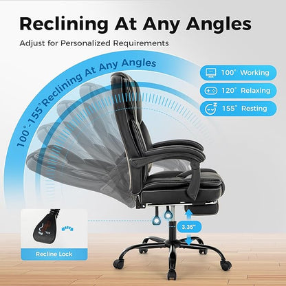 MAISON ARTS Ergonomic Office Chair, Big and Tall Executive Chair with Foot Rest, Computer Desk Chair with Padded Armrests, Rolling Swivel Faux Leather Chair for Home Office Man Woman, Black