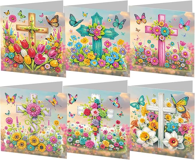 6pcs DIY Cross Diamond Art Painting Greeting Cards Kit, Rhinestone Art Holiday Birthday Card Set with Envelopes, DIY Festival Craft for Girlfriend, Christmas Valentine Gift Making Supplies