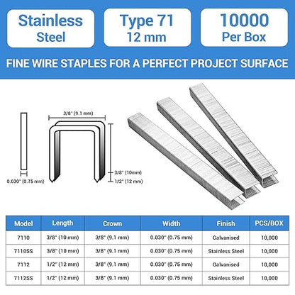 meite 71/12 22 Gauge 304 Stainless Steel Upholstery Staples, 3/8-Inch Crown with 1/2-Inch Leg Length, Heavy Duty Staples for Construction, Furniture, Crafts & DIY Projects (5 Boxes)