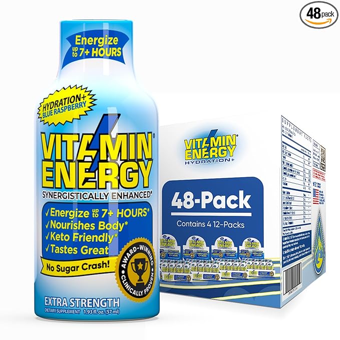 Vitamin Energy Hydration+ Extra Strength Energy Shot Blue Raspberry 48 Pack, 260mg Natural Caffeine, Electrolytes, BCAAs, Amino Acids, Hydration & Performance, Zero Sugar, Gluten-Free, 1.93 fl oz