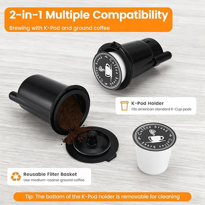 Single Serve Coffee Maker for K-Cup Pod and Grounds, Hot and Iced Coffee Maker, Strong Button Feature, 6 to 14oz Brew Sizes, 50oz Removable Reservoir, Up to 6.5 Inch Cup, Stainless Steel, Black