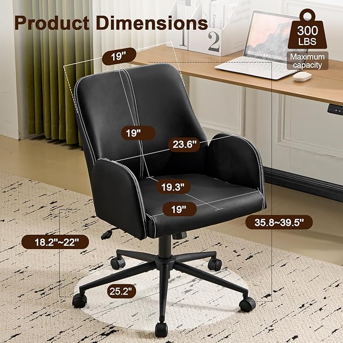 Furniliving Home Office Desk Chair, Ergonomic Leather Office Chair with Wheels, Comfortable Rolling Task Chair Adjustable Height, Black