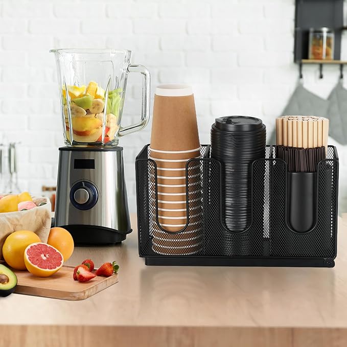 Disposable Coffee Cup Holder for Countertop, Paper Cup and Lid Holder Dispenser with Straw Organizer for Coffee Station Bar Restaurant Breakroom Office, Black