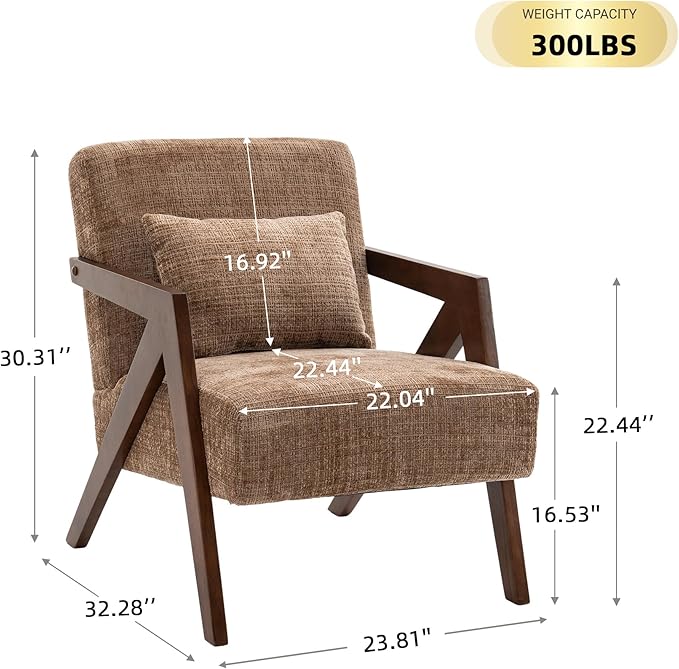 Mid Century Modern Accent Chair with Solid Wood Frame，Upholstered Chenille Living Room Arm Chairs with Pillow for Bedroom, Living Room, Reading Room, Balcony (1, Brown)