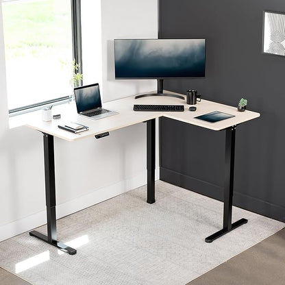 VIVO Electric Corner 63 x 47 inch L-Shaped Standing Desk, Memory Height Adjustment, Light Wood Top Black Frame, DESK-E3CTC-47