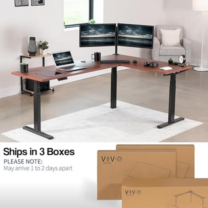 VIVO Electric 78 x 55 inch Square Corner Memory L Shaped Stand Up Desk, Dark Walnut Table Top, Black Frame, Corner Height Adjustable Workstation, 3E-S Series, DESK-KIT-3E5SBD
