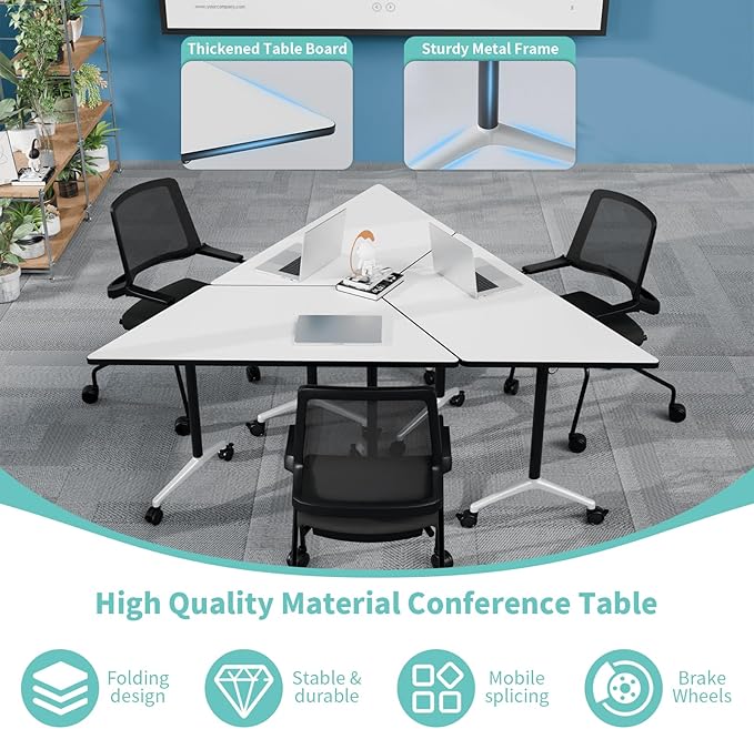 Conference Table, Foldable Conference Room Tables with Silent Wheels, Folding Modular Seminar Meeting Tables, Modern Rectangle Training Table for Office, Boardroom (10, Trapezoidal, 47.2)