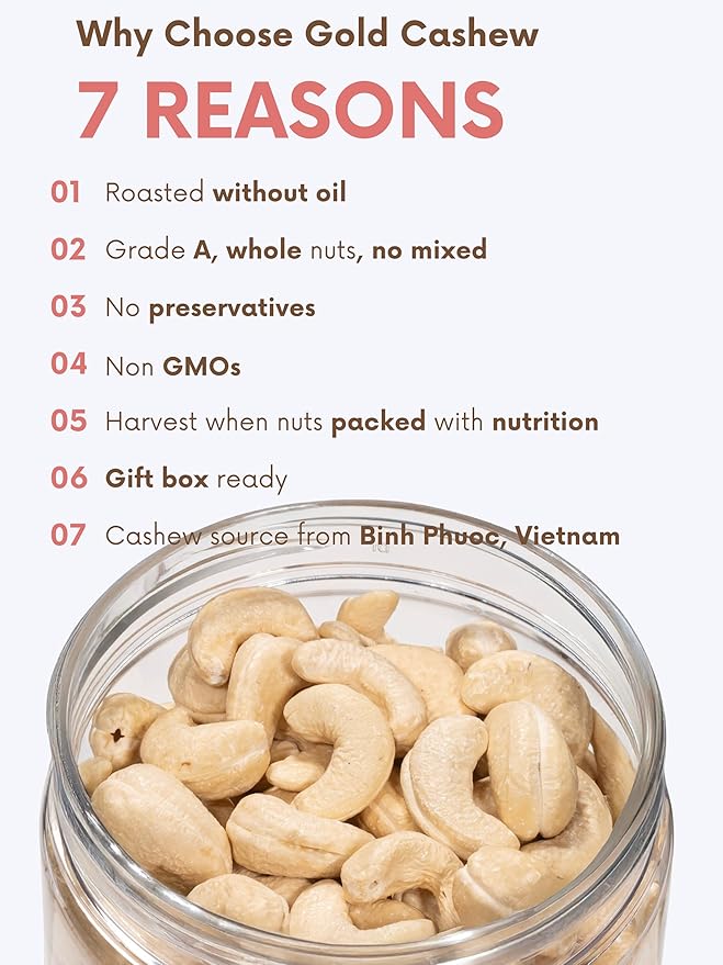 Roasted Unsalted Cashews - Snacks for Adults, Whole Nut (No Mixed), Oil Free Roast, Farm Fresh, Plant Based Protein, Healthy Nuts, Promote Heart Health, Ingredient: Natural Cashew 17.64 oz (Pack of 1)
