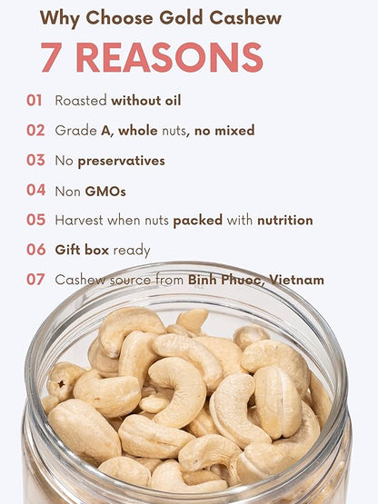 Roasted Unsalted Cashews - Snacks for Adults, Whole Nut (No Mixed), Oil Free Roast, Farm Fresh, Plant Based Protein, Healthy Nuts, Promote Heart Health, Ingredient: Natural Cashew 17.64 oz (Pack of 1)