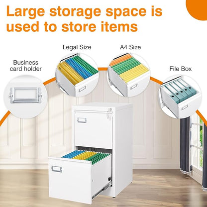 Metal Vertical File Storage Cabinet, 2 Drawer File Cabinet with Lock, 18" Deep Vertical Filing Cabinets for A4 Legal/Letter Size, Assembly Required (2 Drawer - White)