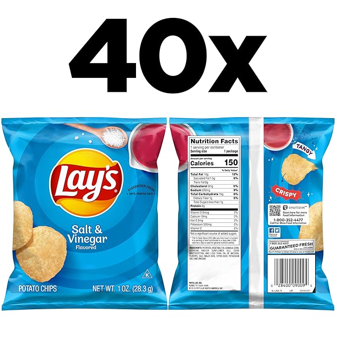 Lay's Salt & Vinegar Flavored Potato Chips, 1 oz Bags, (40 Count) (Packaging May Vary)