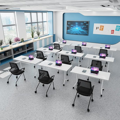 Conference Table Folding Conference Room Tables, Modern Mobile Meeting Training Table with Silent Wheels, Foldable Seminar Table for Offices, Classrooms, Libraries (4, White, 55.1in)