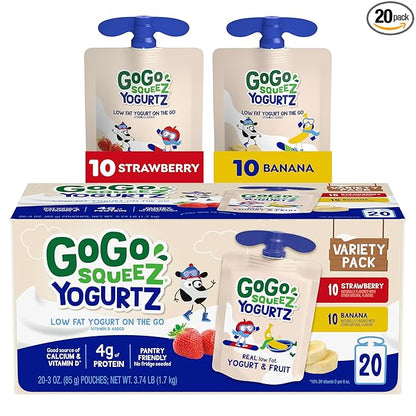 GoGo squeeZ yogurtZ Variety Pack, Strawberry & Banana, 3 oz (Pack of 20), Kids Snacks Made from Real Yogurt and Fruit, No Fridge Needed, Gluten Free, Nut Free, Recloseable Cap, BPA Free Pouches