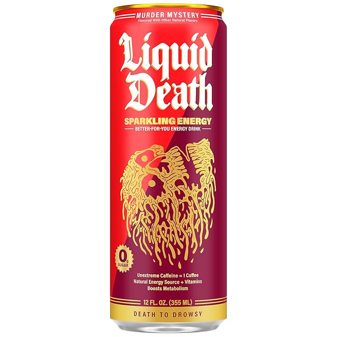 Liquid Death Murder Mystery, Cherry and Spice-Flavored Sparkling Energy, Sugar-Free Energy Drink, 100mg Caffeine, 12 Fl Oz (Pack of 12)