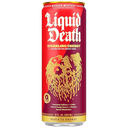 Liquid Death Murder Mystery, Cherry and Spice-Flavored Sparkling Energy, Sugar-Free Energy Drink, 100mg Caffeine, 12 Fl Oz (Pack of 12)