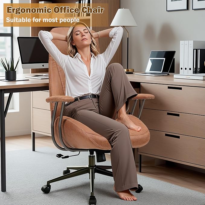 Ergonomic Executive Office Chair with Lumbar Support, Adjustable Height Home Office Desk Chair with Armrests, High Back Padded Headrest Office Chair, Rolling Swivel Computer Gaming Chair, Brown