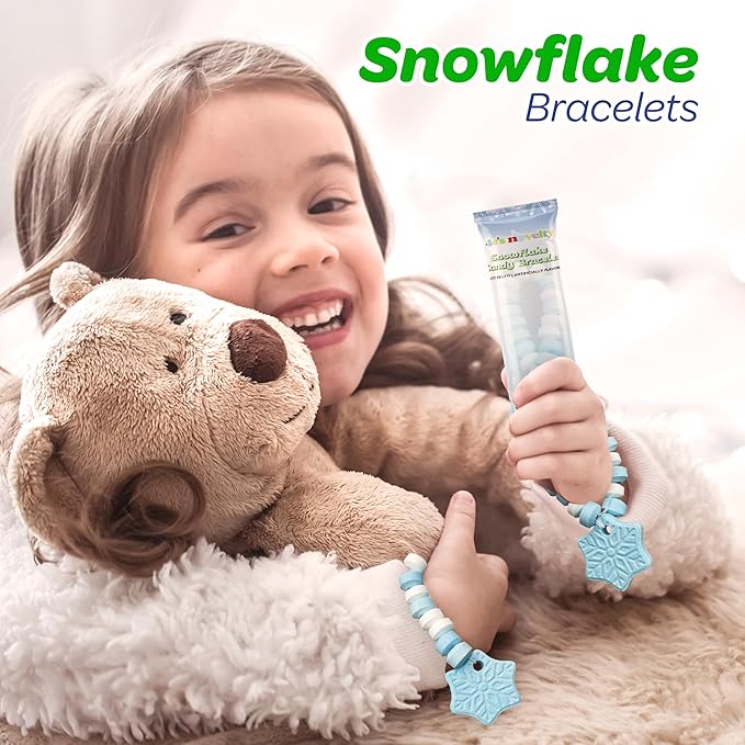 4E's Novelty Christmas Candy Bracelets - 30-Pack Snowflake Stretchable Bulk Candies Individually Wrapped, Fun Christmas Stocking Stuffers & Party Favor Candy for Kids, Blue & White Candies Bracelet