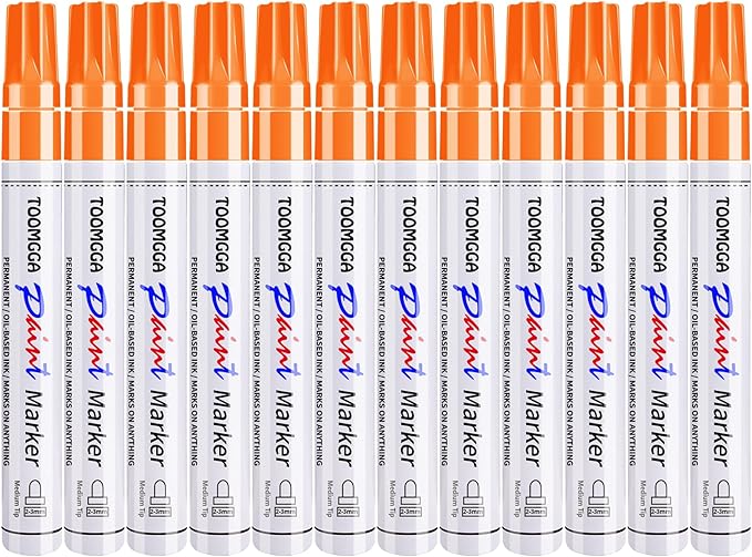 Orange Permanent Paint Pens - 12 Pack Oil Based Paint Markers, Pens For Rock Painting Car Tyre Metal, Plastic, Canvas, Mugs, Wood, Glass, Quick Drying and Waterproof, Medium Point