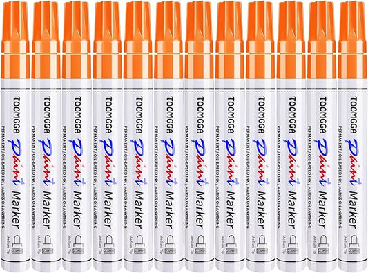 Orange Permanent Paint Pens - 12 Pack Oil Based Paint Markers, Pens For Rock Painting Car Tyre Metal, Plastic, Canvas, Mugs, Wood, Glass, Quick Drying and Waterproof, Medium Point