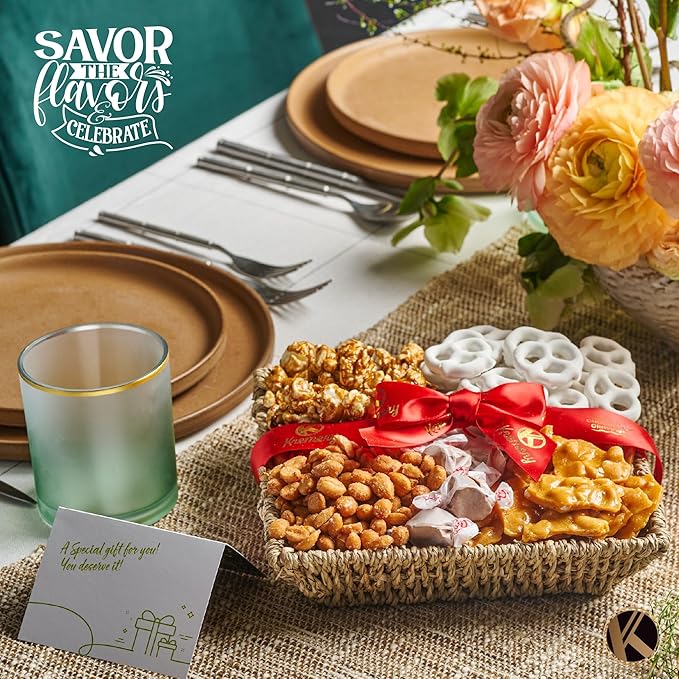 KREMERY Creamy Chocolate Cravings - Thanksgiving Chocolate Covered Pretzels & Caramel Popcorn Gift Basket, in Seagrass Tray + Ribbon (Classic, 1.5 lbs) Holiday Xmas Christmas