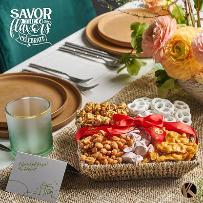 KREMERY Creamy Chocolate Cravings - Thanksgiving Chocolate Covered Pretzels & Caramel Popcorn Gift Basket, in Seagrass Tray + Ribbon (Classic, 1.5 lbs) Holiday Xmas Christmas