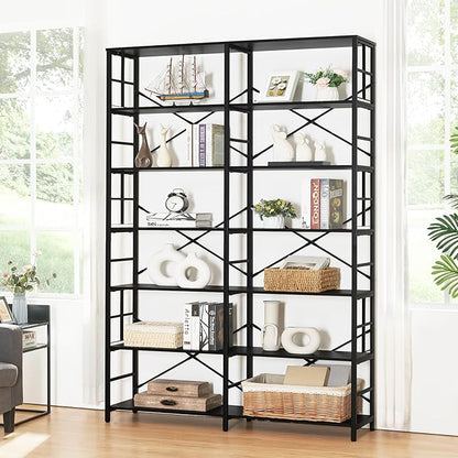HOMISSUE Bookshelf, Industrial Double Wide 7-Tier Bookshelves, 84" Tall Bookcase with Open Shelves, Heavy Duty Bookcases with Storage for Living Room Home Office, Black
