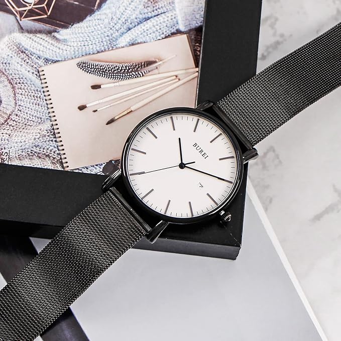 BUREI Men Watches Brown Leather Fashion Minimalist Wrist Watch Simple Ultra Thin Waterproof Quartz Watches All Black Stainless Steel Mesh Band,Gift for Men Women