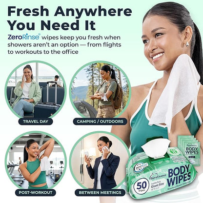 Body Wipes for Women, Extra Moist No Rinse Bathing Wipes (2pk), 100 XL Shower Cloths + 8 Deodorizing Bath Cloths - 10 x 11.5" Travel Size After Gym Cleaning Essentials, Toiletries for Womens Hygiene