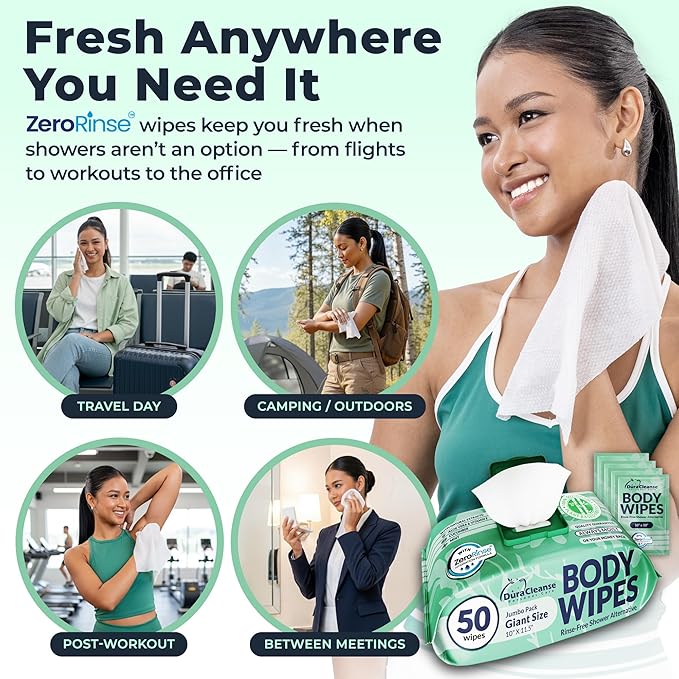 Body Wipes for Women, Extra Moist No Rinse Bathing Wipes-50 XL Shower Cloths + 4 Travel Size Bath Sheets -10x11.5" After Gym & Post Workout Deodorant, Disposable Washcloths, Womens Hygiene Essentials