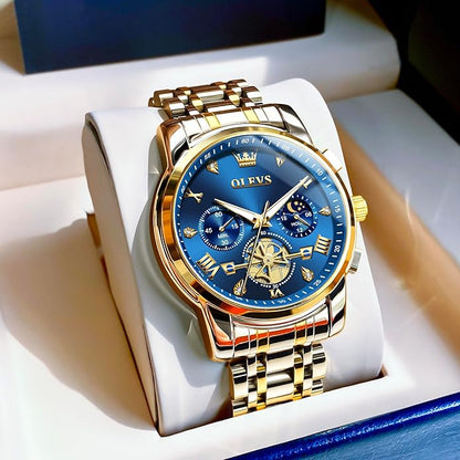 OLEVS Men Watches Stainless Steel Chronograph Watch, Large Wrist Analog Quartz Watch, Fashion Waterproof Diamond Roman Numerals Dress Watches for Men, Gold/Black/White/Blue/Grey Dial