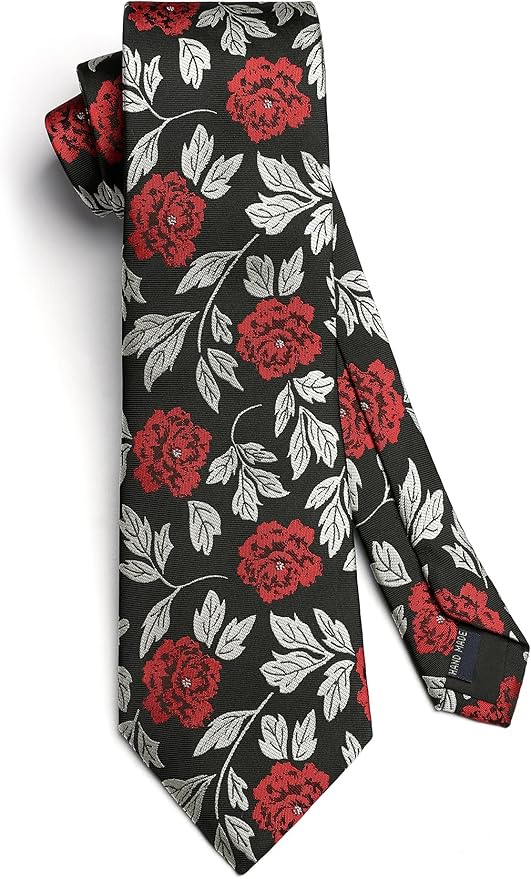 HISDERN Men Floral Ties Woven Classic 3.4" Necktie Set Formal Tie Pocket Square for Wedding with Handkerchief Gift Box