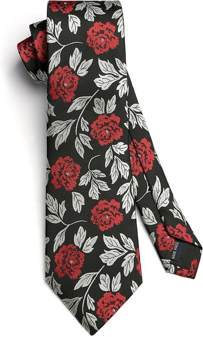 HISDERN Men Floral Ties Woven Classic 3.4" Necktie Set Formal Tie Pocket Square for Wedding with Handkerchief Gift Box