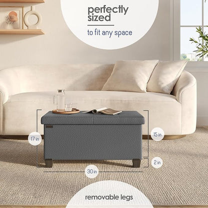 Storage Ottoman Bench with Bins, 30-in Storage Bench for Bedroom End of Bed, Folding Foot Rest Ottoman for Living Room Max 660lbs, Faux Leather Ottomans, Grey