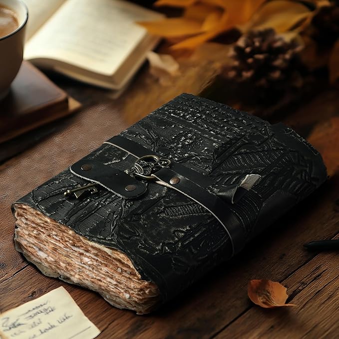 LEATHER VILLAGE Genuine Leather Handmade Journal for Men & Women – Vitruvian Man Embossed Cover – Key Closure – Book of Shadow – Vintage Deckle Edge Paper for Writing, Drawing – 7x5 Inches – Black