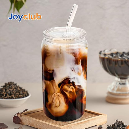 Joyclub 4pcs Glass Cups with Acrylic Lids and Straws 16 oz Can Shaped Glass Iced Coffee Cups with Lids and Straws, Cute Tumbler Cup Drinking Glasses for Smoothie Whiskey Boba Soda Tea Gift