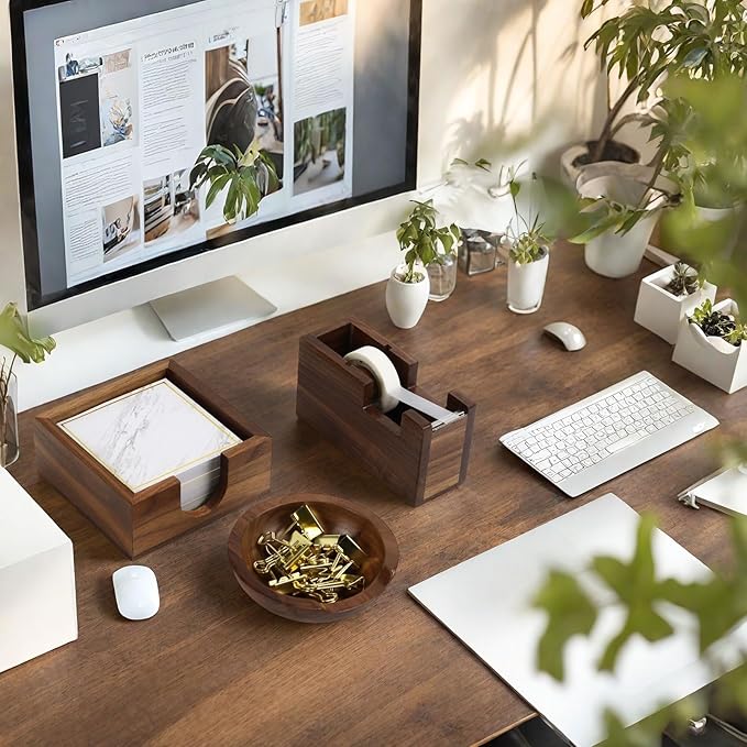 MultiBey 3pcs Walnut Office Supplies Desk Organizers, Wooden Sticky Notes Pad Holder Post it Dispenser, Paper Clips Holder and Tape Dispenser Cutter for Office Home School