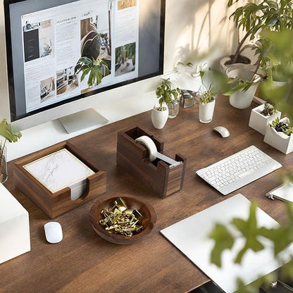 MultiBey 3pcs Walnut Office Supplies Desk Organizers, Wooden Sticky Notes Pad Holder Post it Dispenser, Paper Clips Holder and Tape Dispenser Cutter for Office Home School