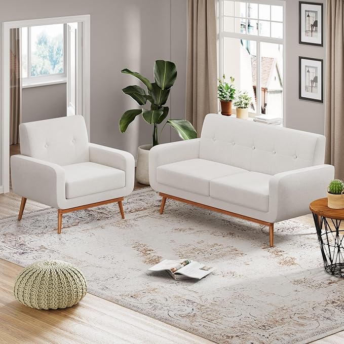 HUIMO Living Room Set, Button Tufted Living Room Furniture Sets, Upholstered Modern Couch Set with Solid Frame, Deep Seat Sofa Set for Living Room, Office (White, 2 Piece Set-loveseat+Chair)