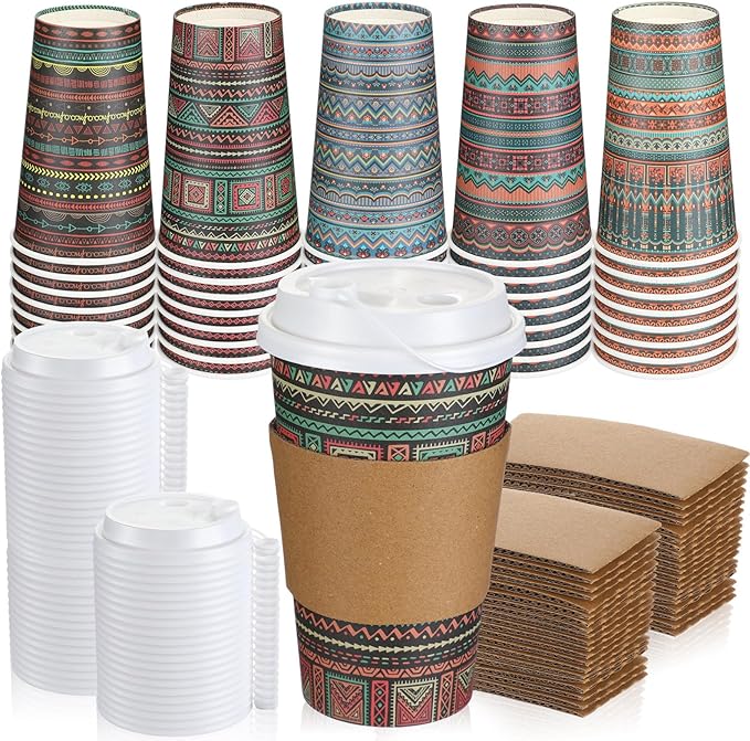 50 Set Vintage Christmas Disposable Coffee Cups with Lids and Sleeves Bulk 16 oz Paper Cups for Cold Drinks Hot Chocolate Tea Beverage Christmas Party Winter Supplies