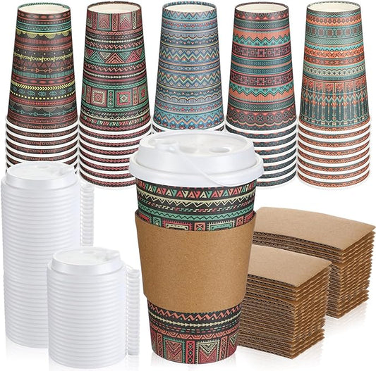 50 Set Vintage Christmas Disposable Coffee Cups with Lids and Sleeves Bulk 16 oz Paper Cups for Cold Drinks Hot Chocolate Tea Beverage Christmas Party Winter Supplies